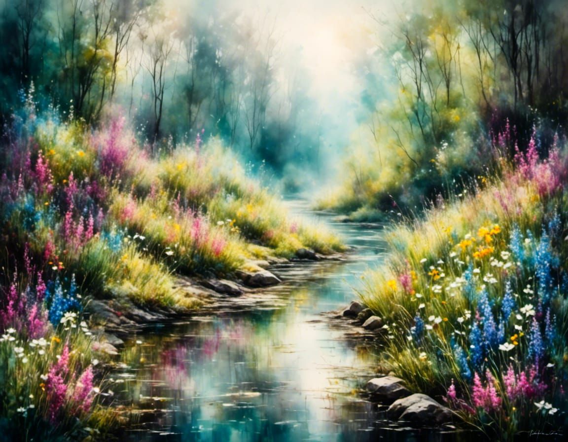 Spring Flower Landscape with Nature Spirits