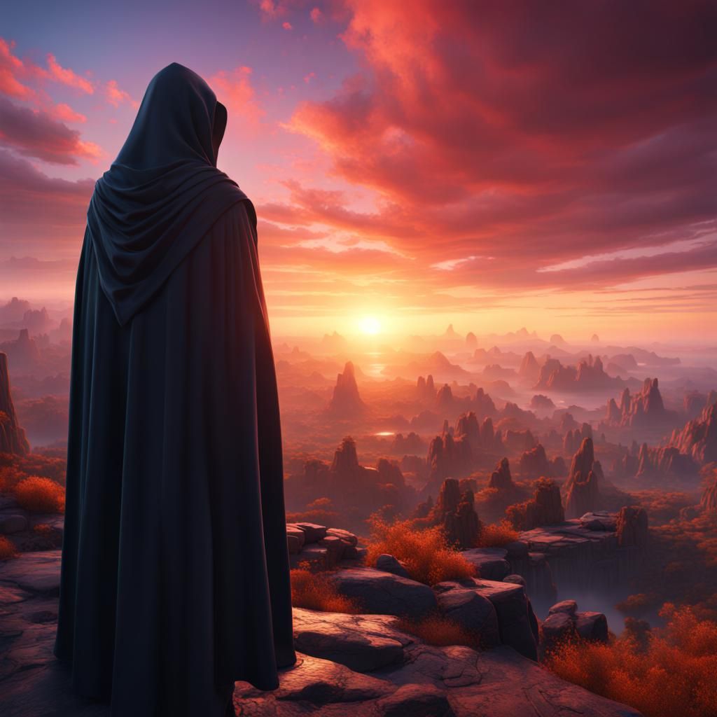 Sunset Landscape Viewed by Cloaked Figure