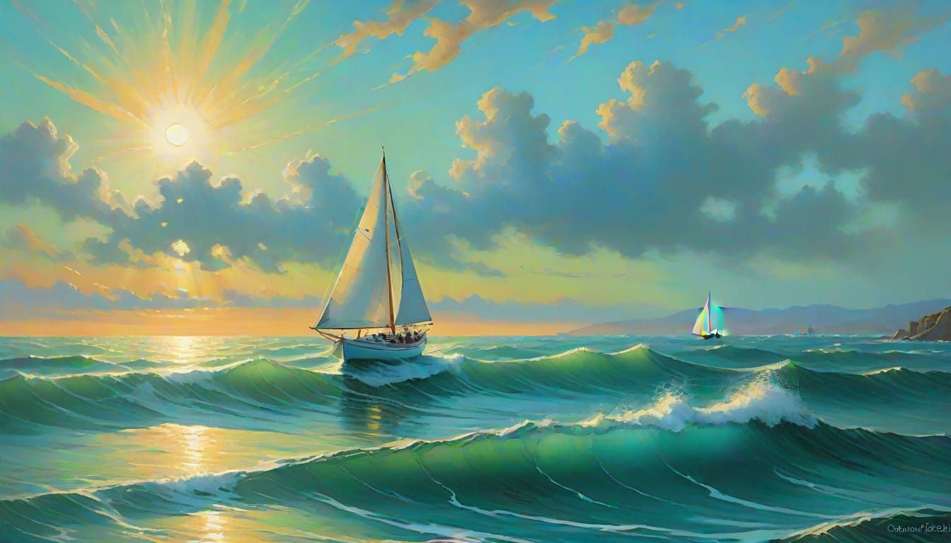 Sailboat in Serene Seascapes with Ethereal Light
