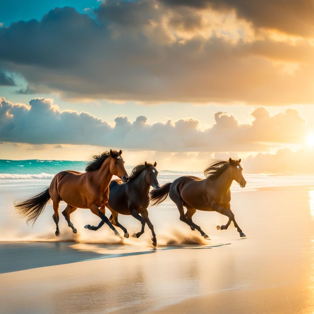 beautiful wild horses galloping gracefully across a white sand beach with turquoise water during a golden sunrise