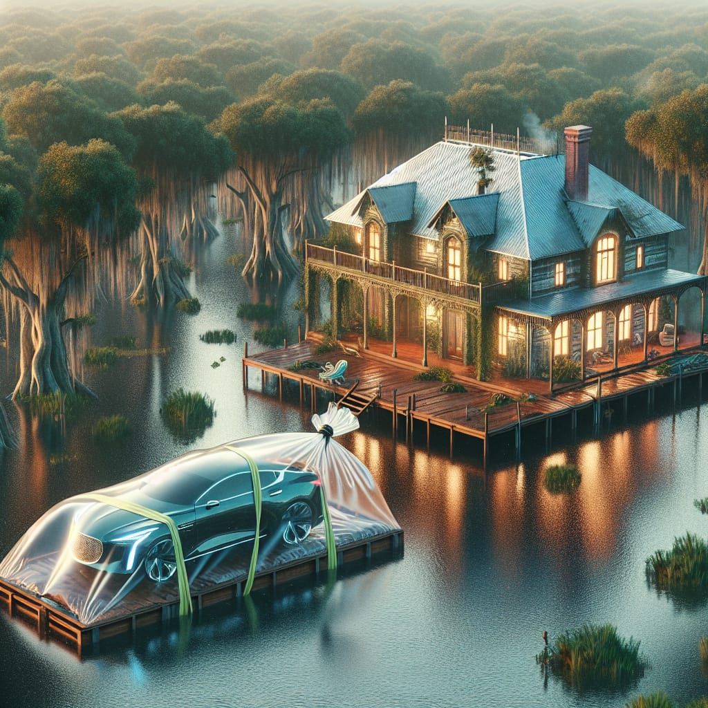 Fantasy House Construction in Flooded Swamp with Car in Bag