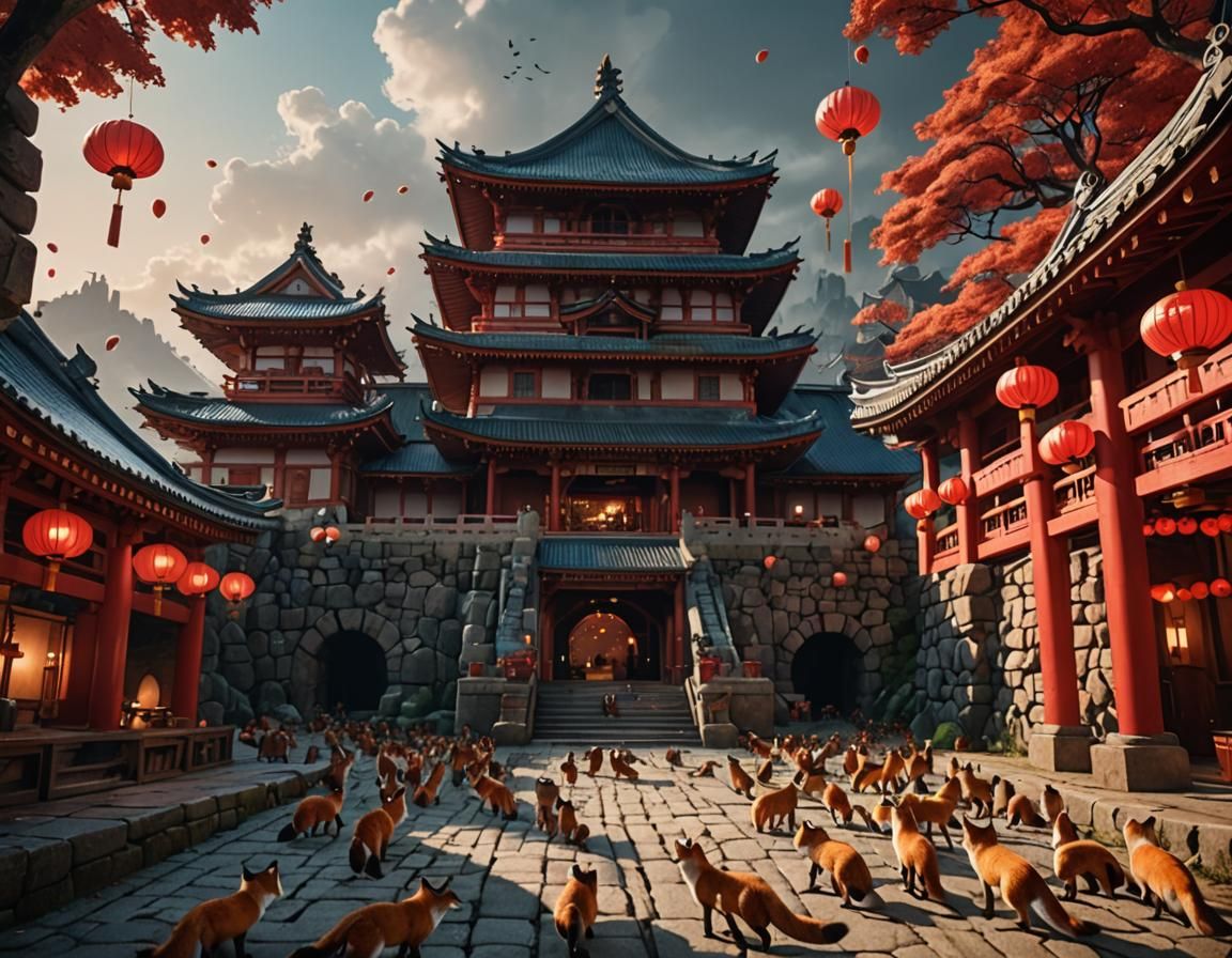 Japanese Castle with Foxes in Digital Painting Style
