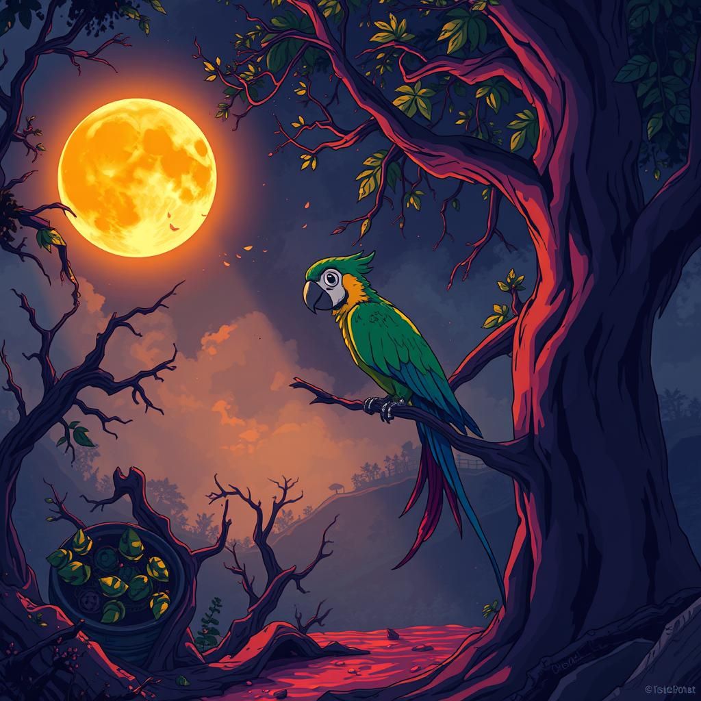 Cartoon Parrot in Mystical Mexican Setting