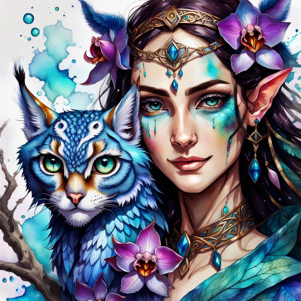 Elven Mother and Child with Lynx-Owl Kitten