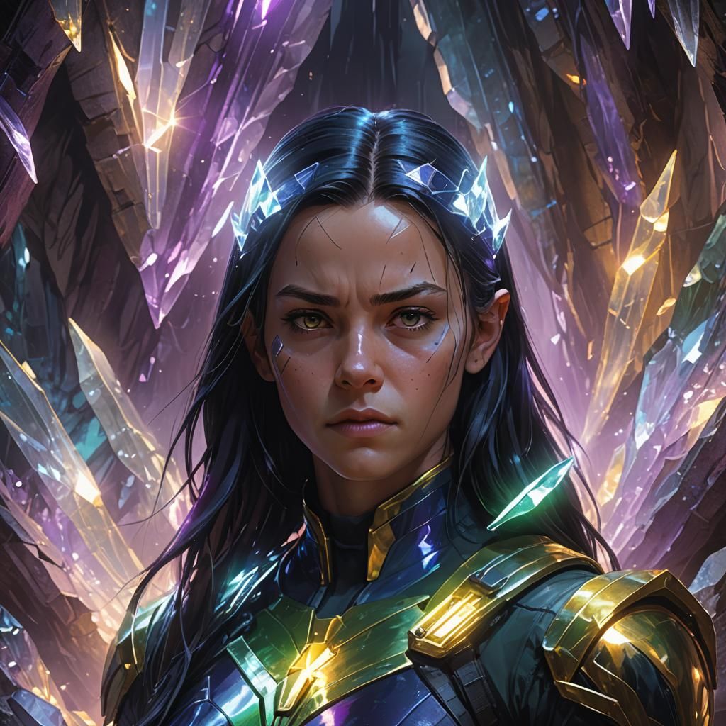 X-23 in Glowing Crystal Cave: Artgerm, WLOP Style