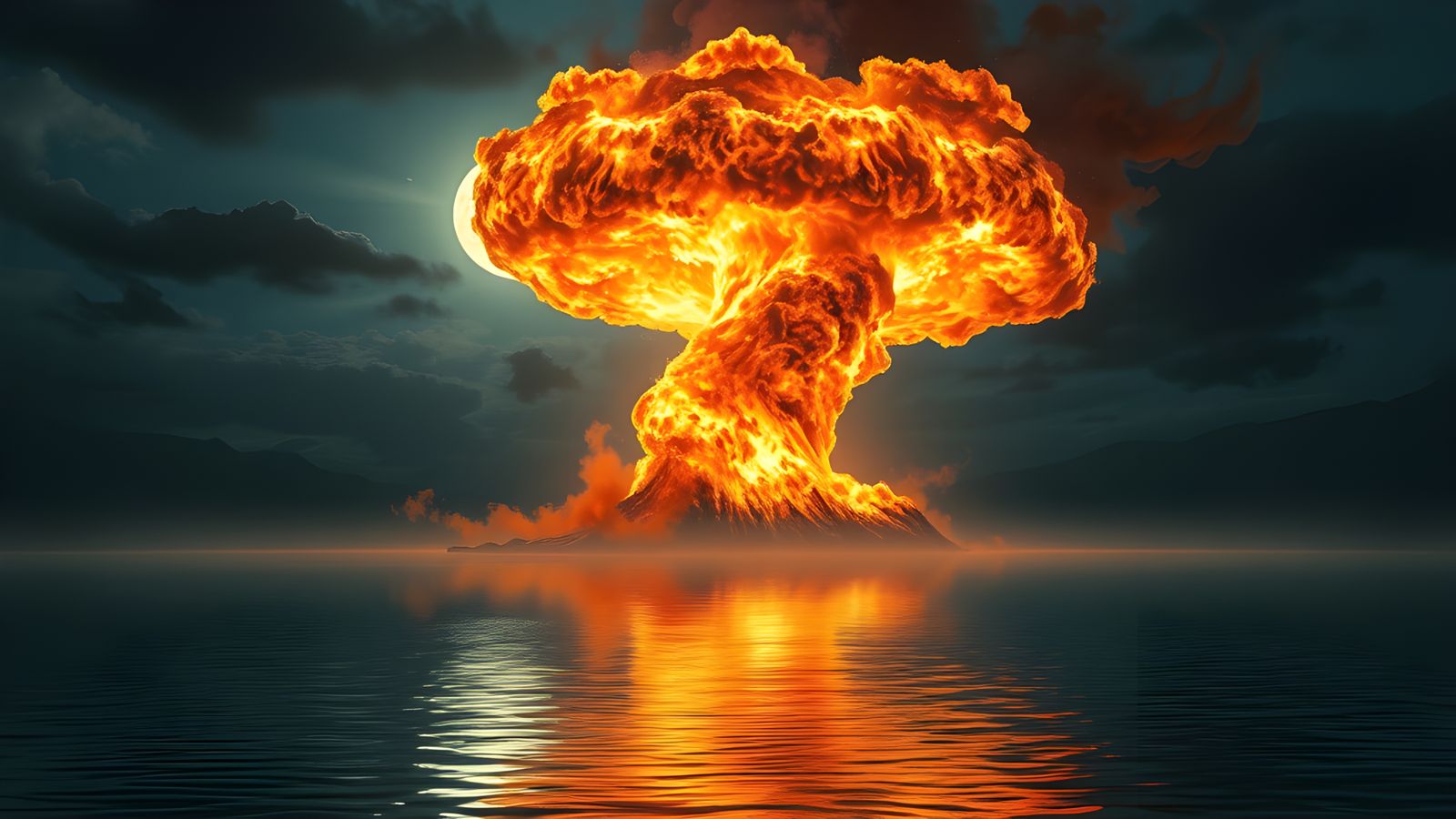 Epic Tornado Inferno Over Serene Lake at Dusk