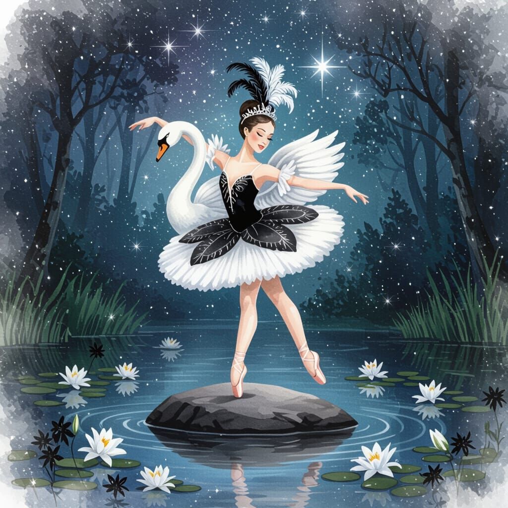 Ethereal Ballerina in Swan Costume on Lake