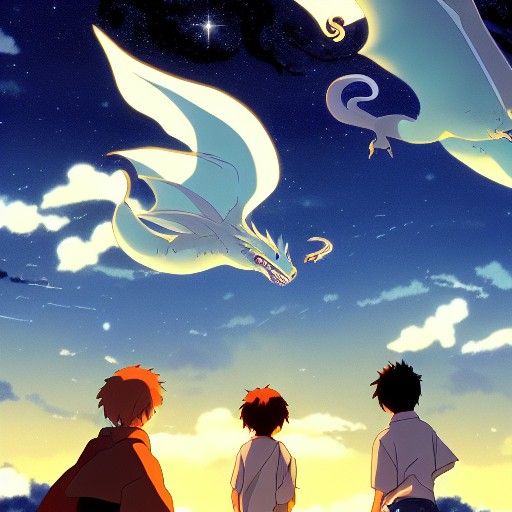 Dragons Soaring in Starry Night: Ghibli-Inspired Anime
