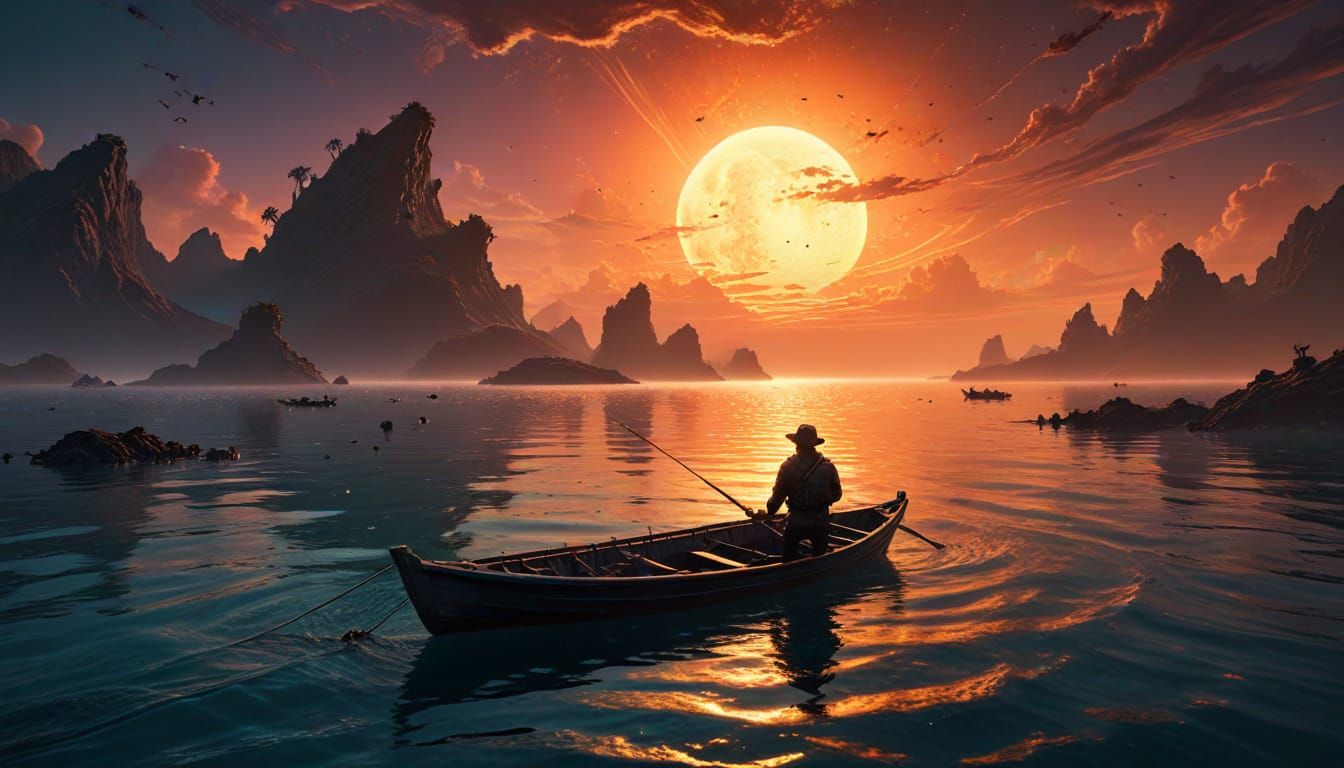 Fisherman Rows Skiff Under Alien Sunset on Distant Exoplanet