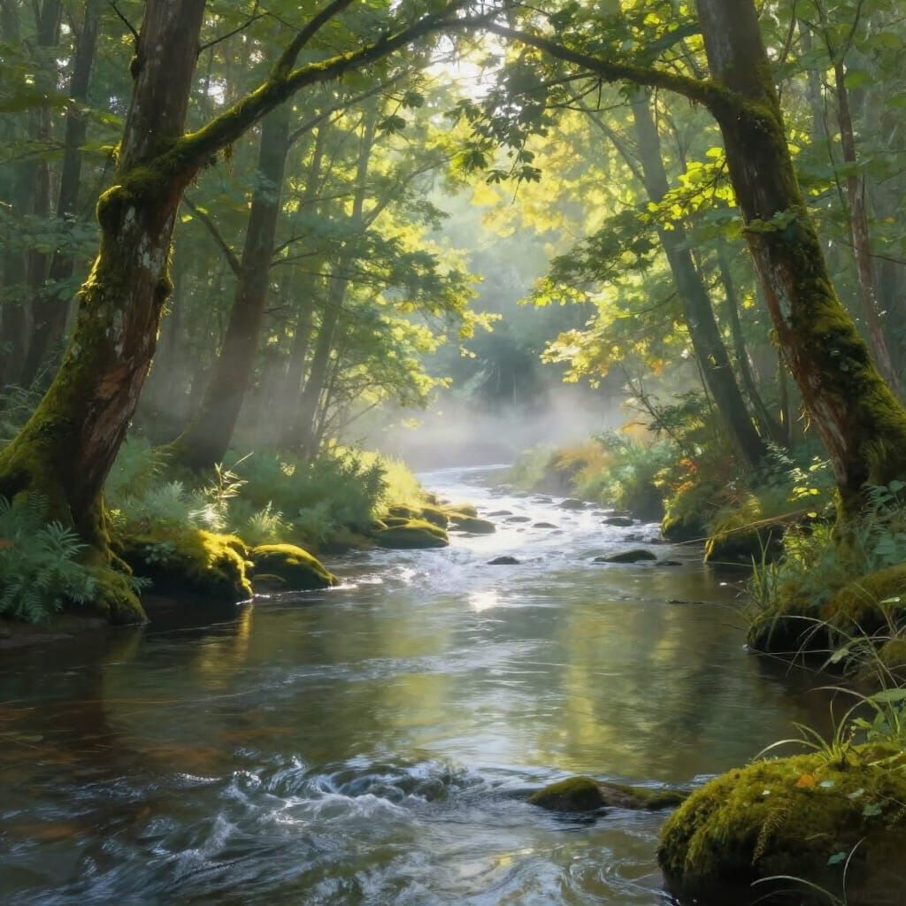 Misty Forest River with Dappled Sunlight