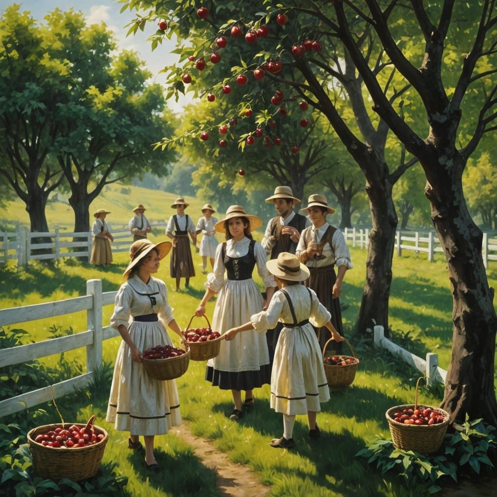 Hopeful Cherry Orchard in Dark Fantasy Oil Painting