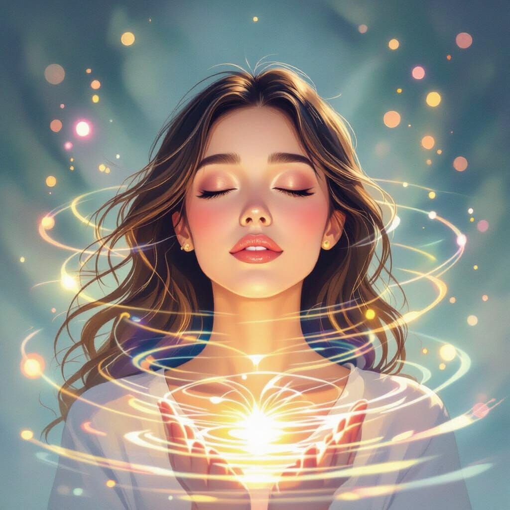 Woman Emitting Healing Sound Waves in Watercolor Style