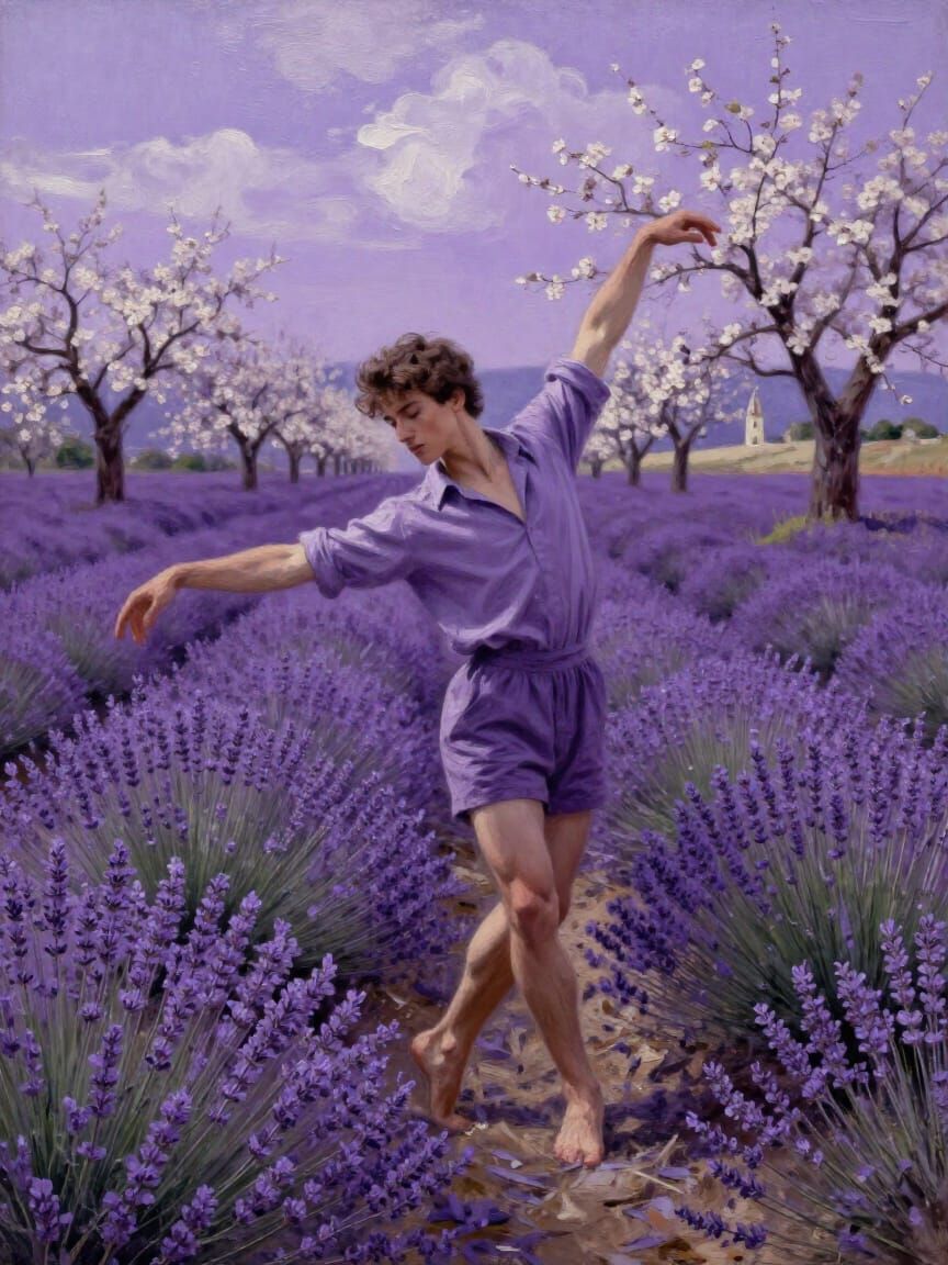 Man Dancing in Lavender Field Oil Painting