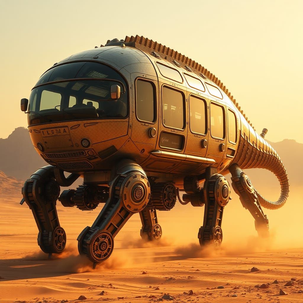 Metallic Lizard Bus in Sunlit Desert, Futuristic Concept Art