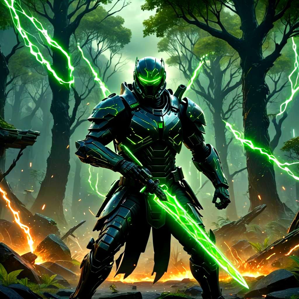 Cybernetic Warrior with Electric Katana and Green Aura