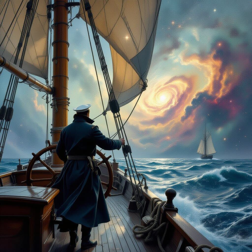 Cosmic Sailor Navigates Starry Seas in Hyperrealism