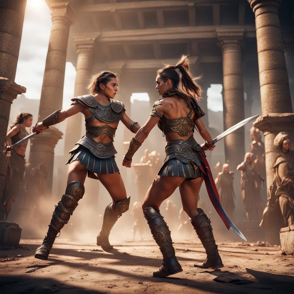 Gladiator Girls Fighting: Detailed Matte Painting