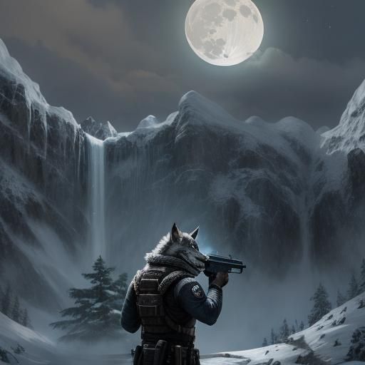 Frightening Snow Wolf Stares Down Armed Figure