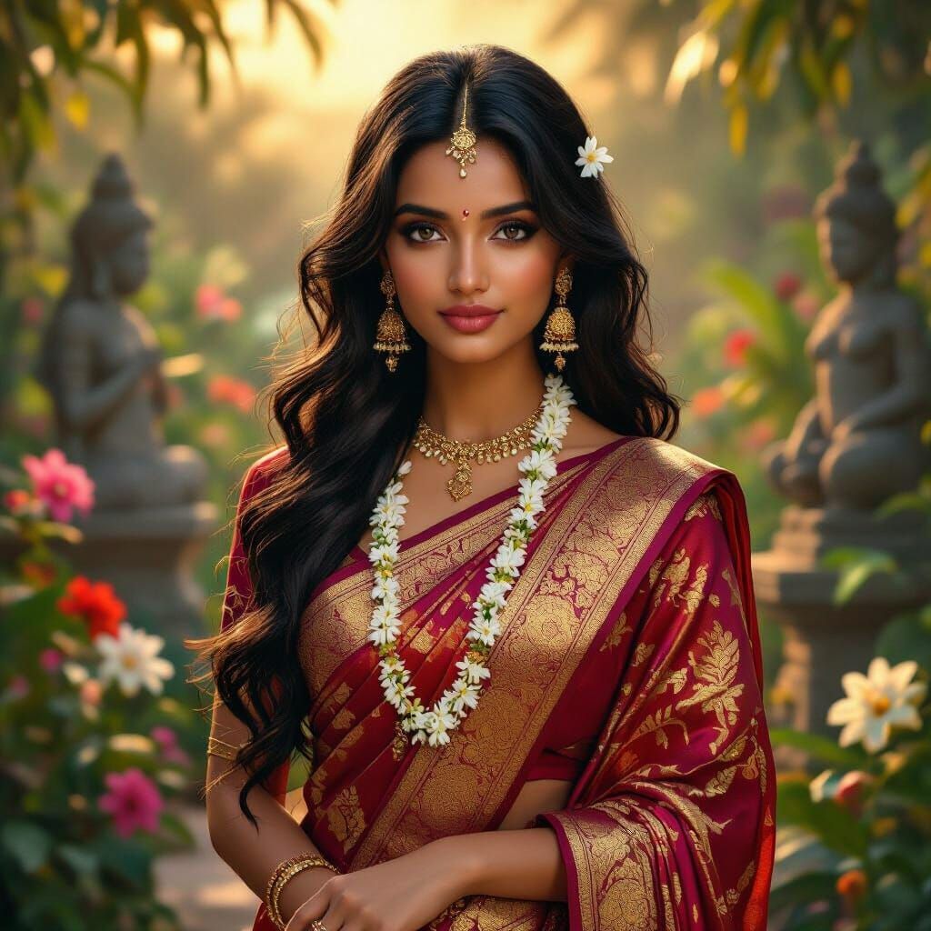Indian Woman in Silk Sari with Jasmine Flowers