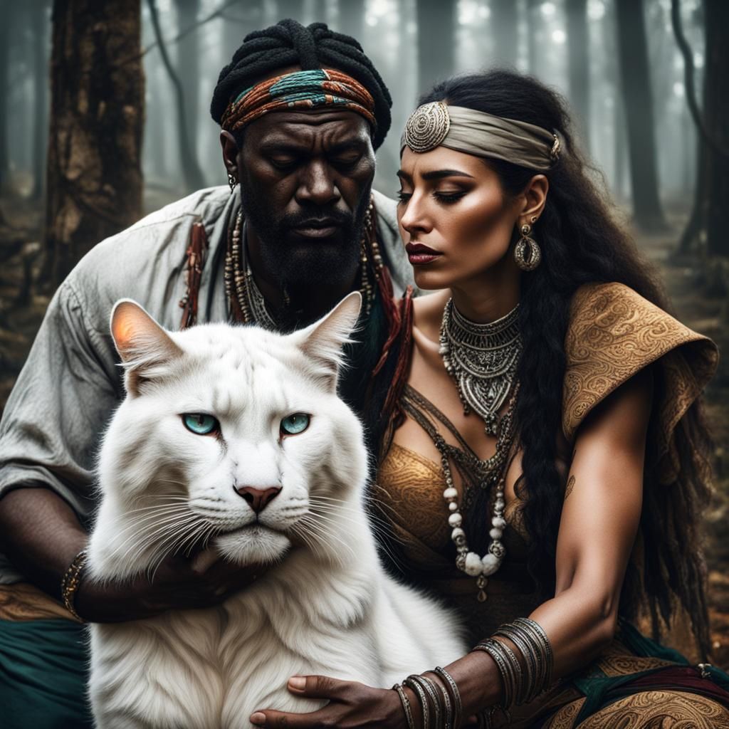 Gypsy Woman with White Cats in Enchanted Forest