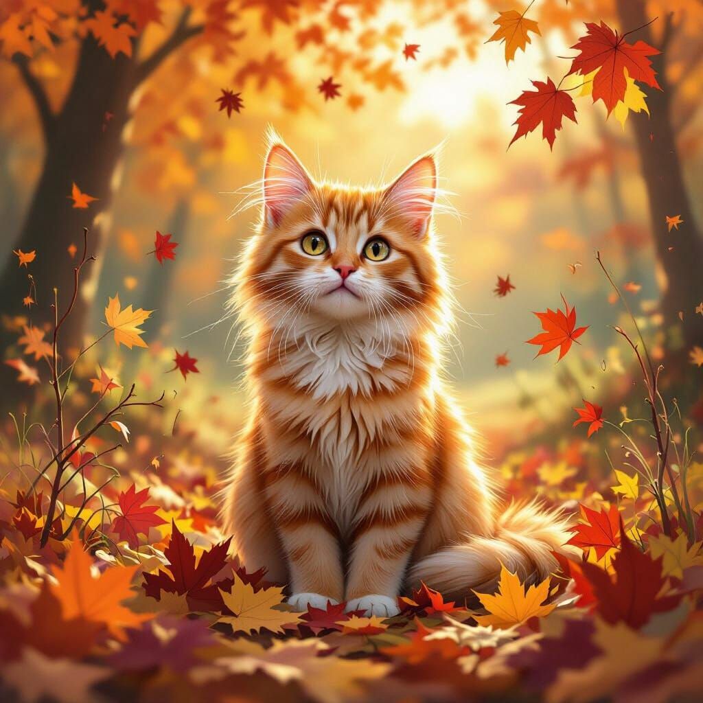 Fluffy Orange Cat in Golden Autumn Light