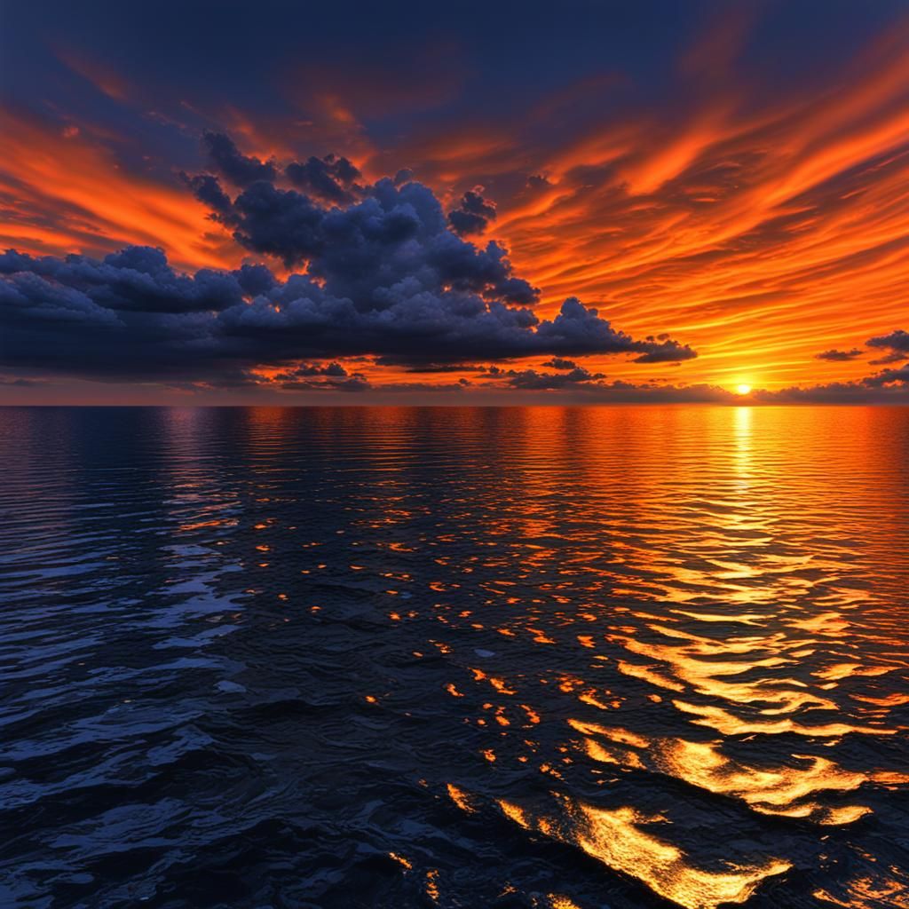 Orange Sunset Sky over the Sea: Hyperrealistic HDR