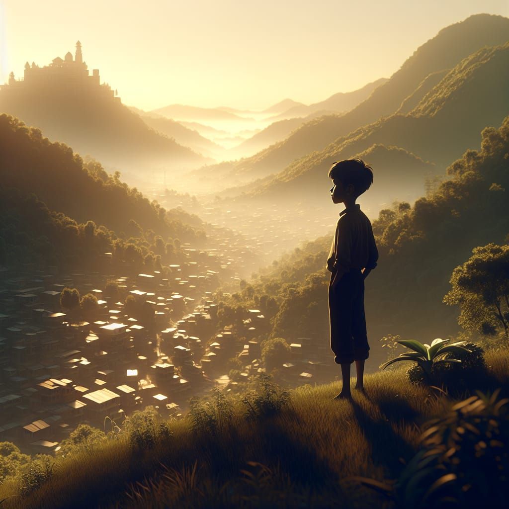 Boy Contemplates City View in Golden Light