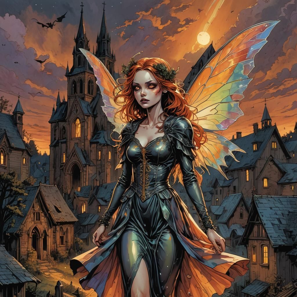 Gothic Fairy in Haunted Town: Comic Book Art