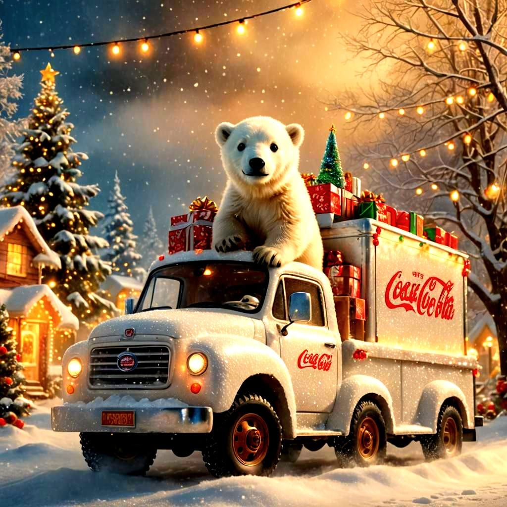Adorable Polar Bear Cub on Coke Christmas Truck