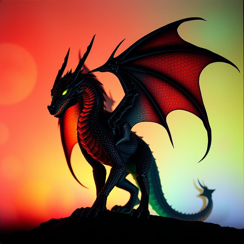 A macabre gothic mythical dragon with glowing black scales. Gradient red orange yellow green blue indigo violet glowing ...