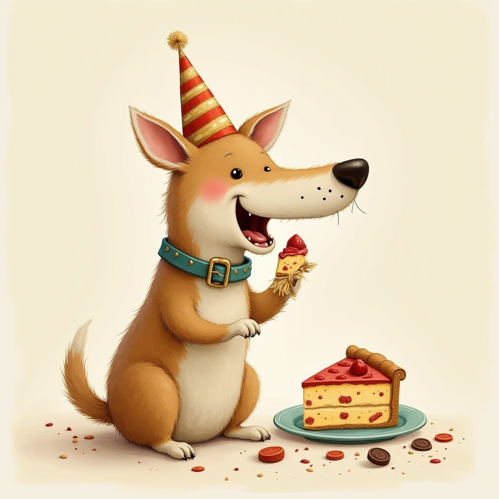 Dog's Whimsical Feast: Cake, Pizza, and Chocolate Coins