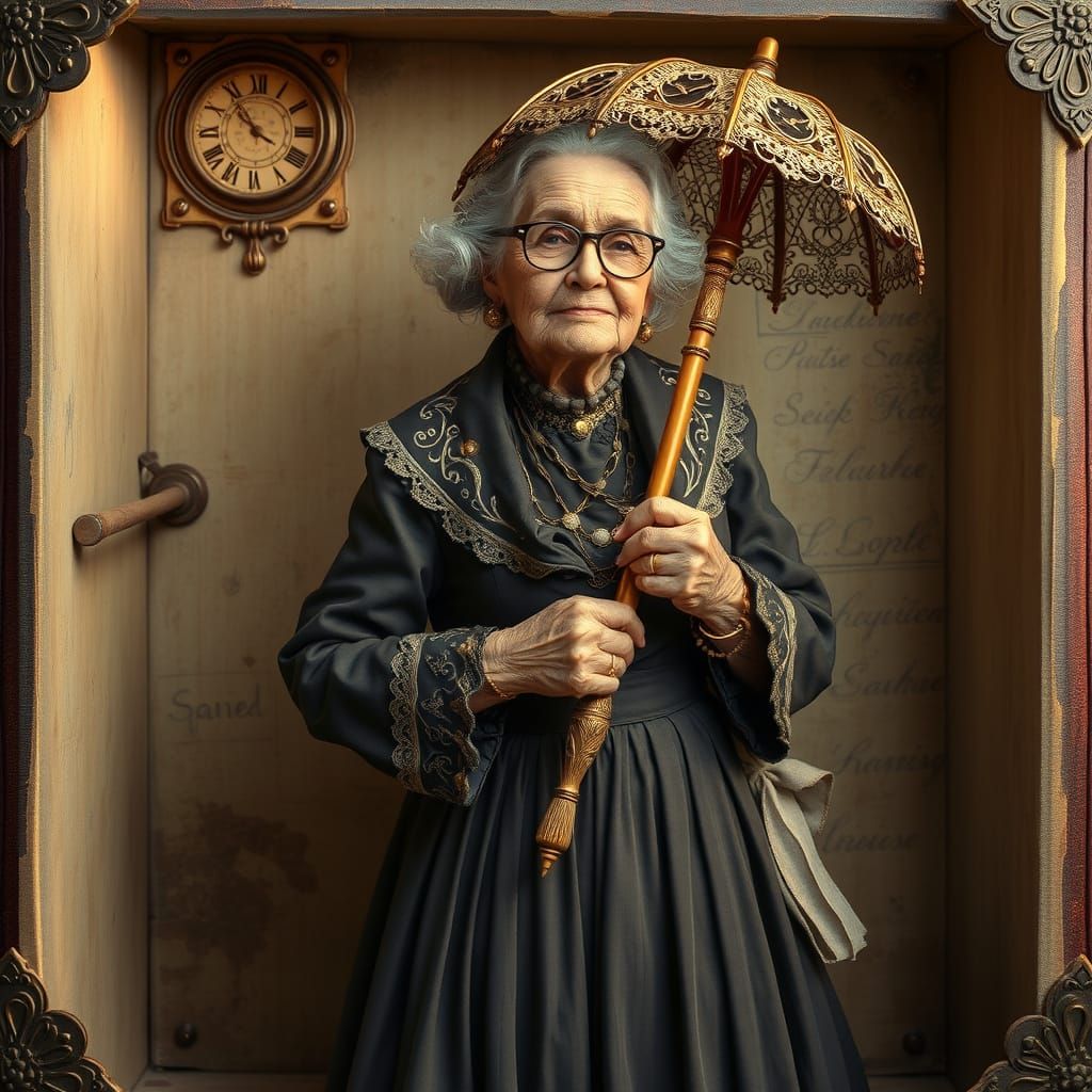 Steampunk Grandma Holds Time-Traveling Umbrella