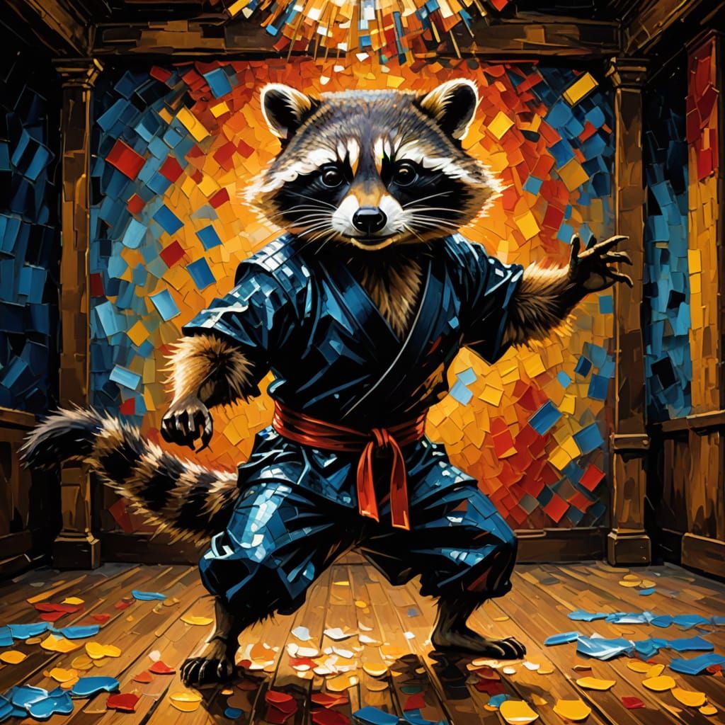 Raccoon Ninja Acrobat on Cabaret Stage as Impasto Painting