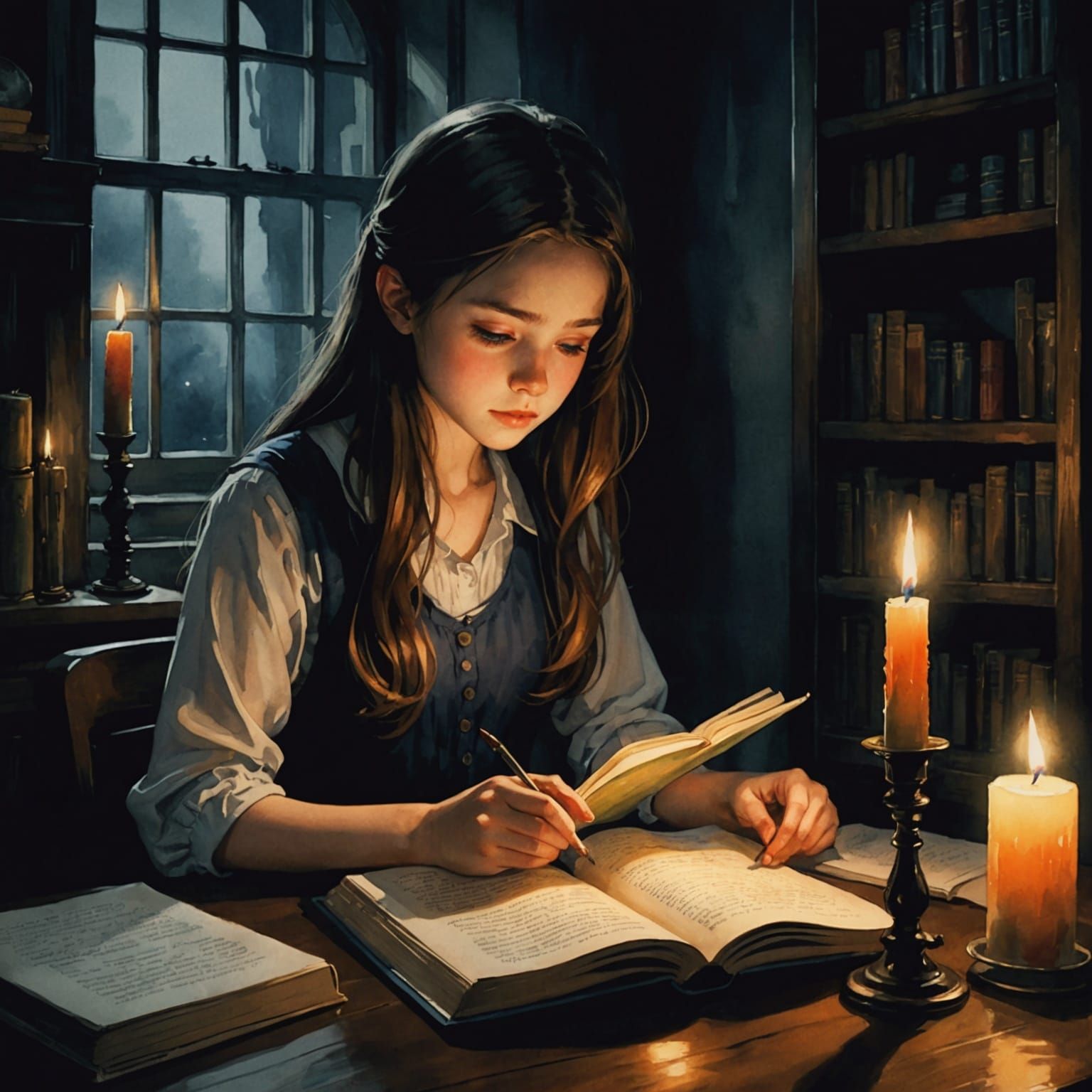 Anime Style Watercolor of Sisters Reading