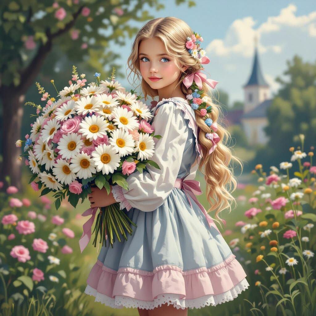 Slavic Girl Sticker Design With Daisy Bouquet