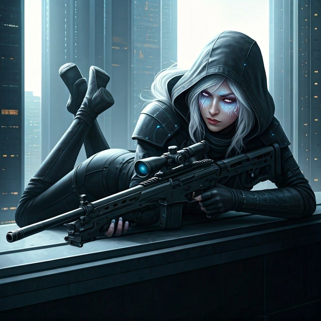 Cyberpunk Sniper on Skyscraper, Hyperdetailed Portrait