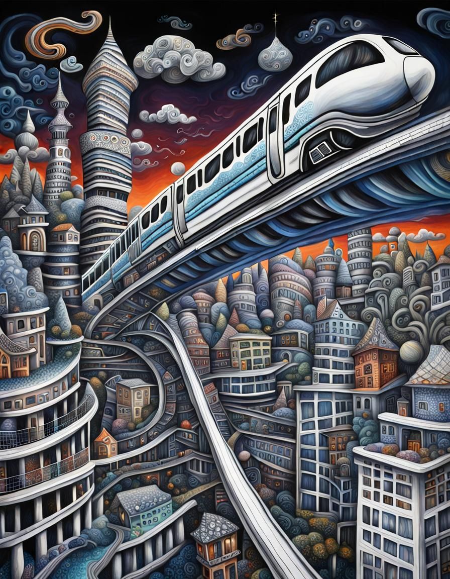 Ominous City Monorail in Surreal Oil Painting