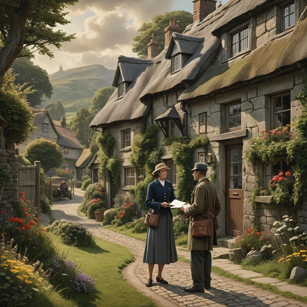 Woman and Postman Chat in Matte Painting