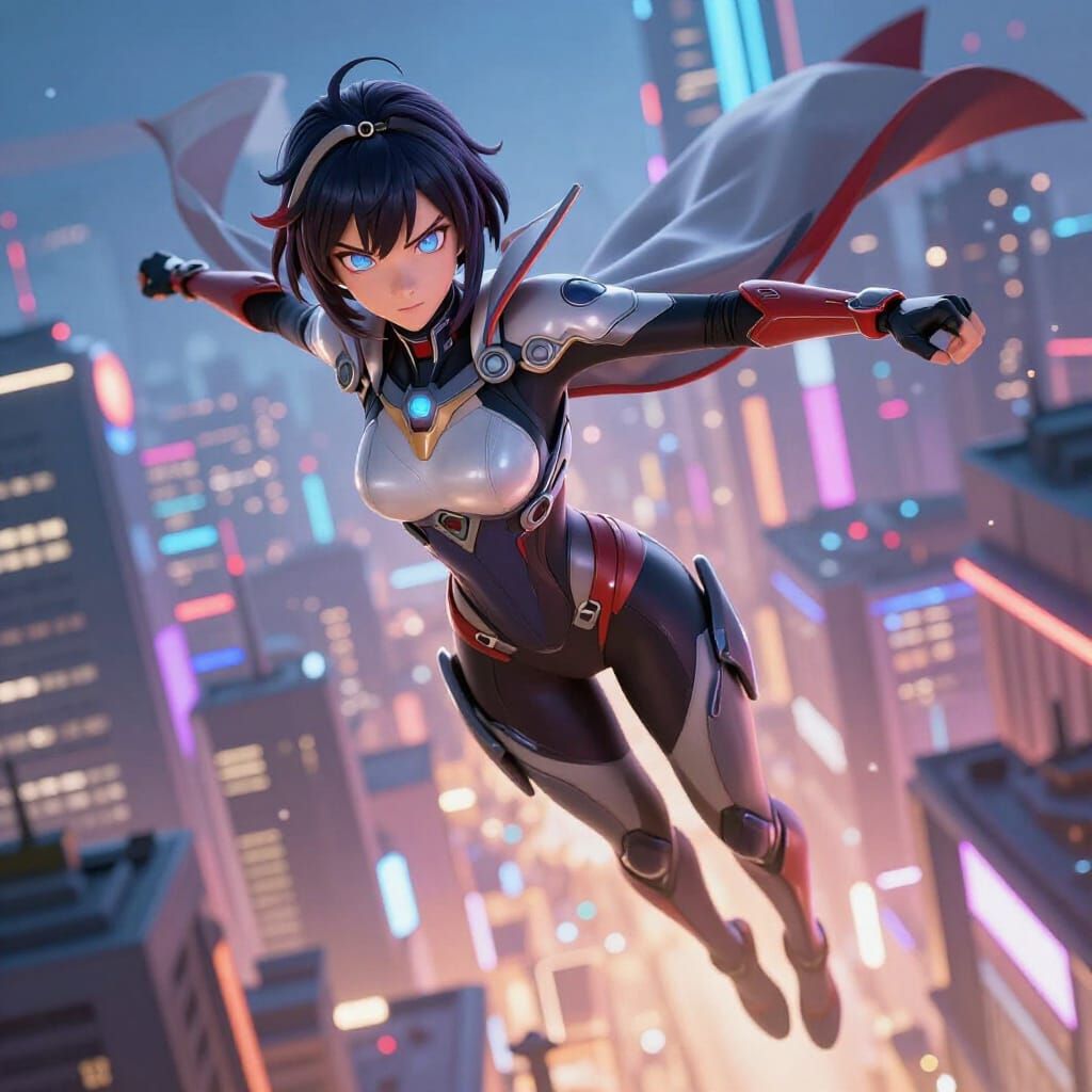Super Mom Soars Through Cityscape in 3D Anime Style