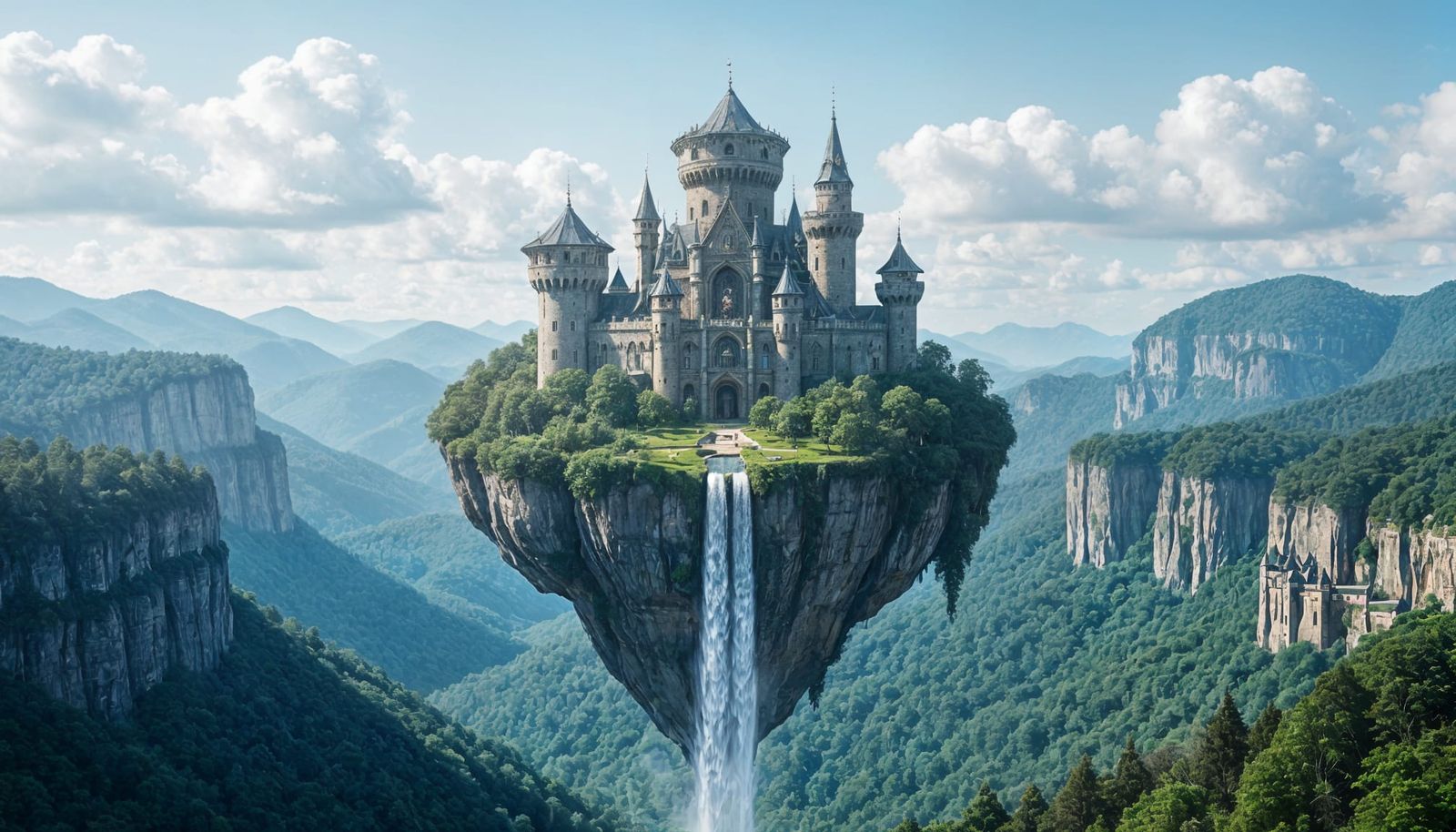 Floating Island with Elven Castle and Waterfall