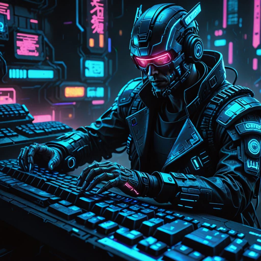 Cyberpunk Keyboard Warrior in Neon-Lit Tech-Noir