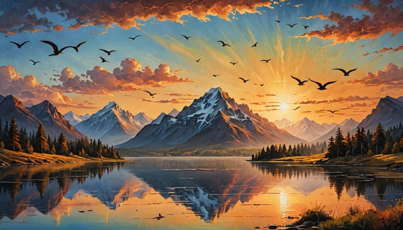 Majestic Mountain Sunset Reflected in Serene Lake
