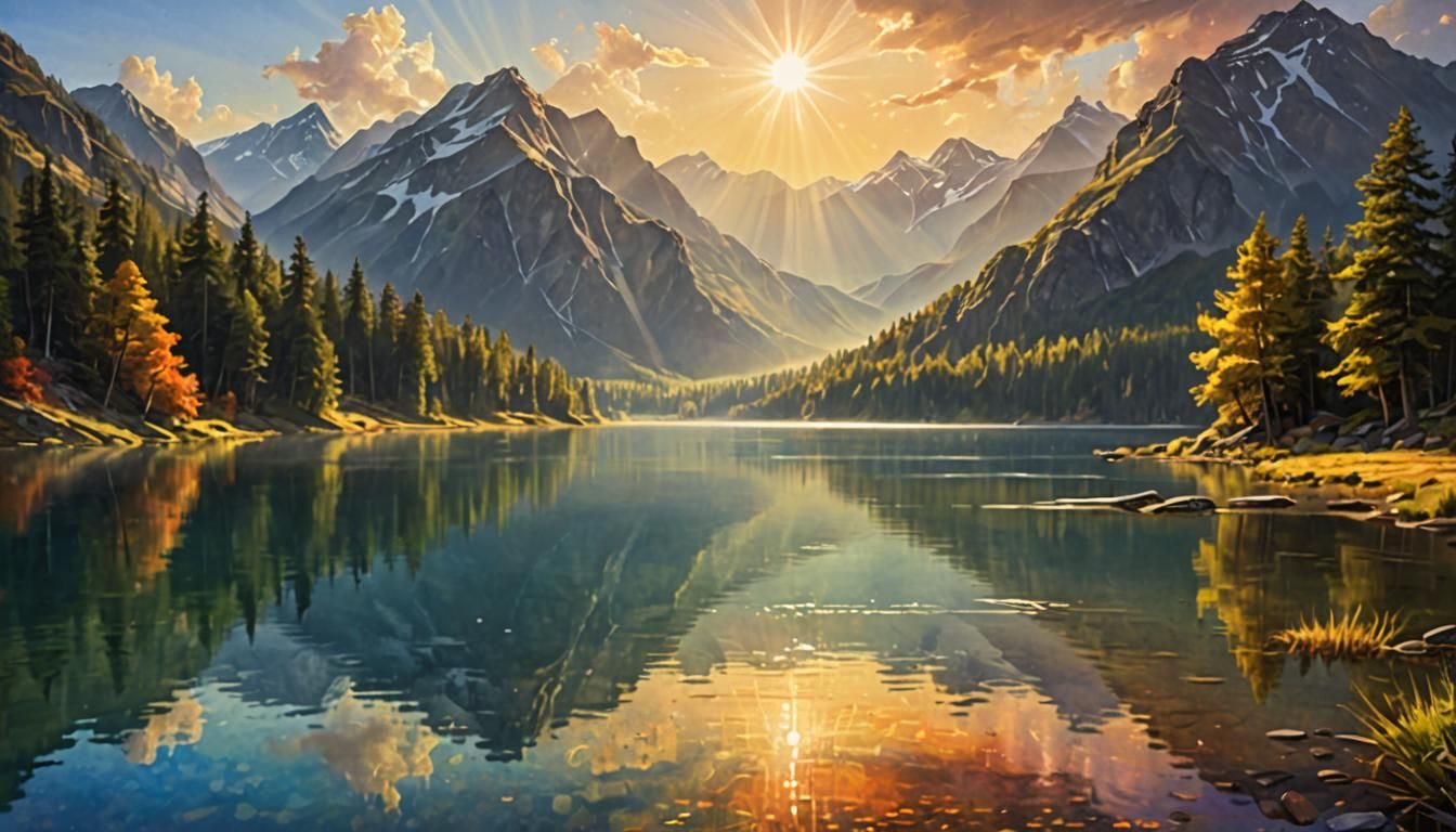 Serene Lake Landscape with Sun Rays, as Oil Painting