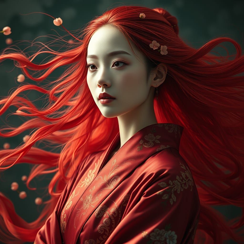 Surreal Silk Goddess in Oriental Kimono Style