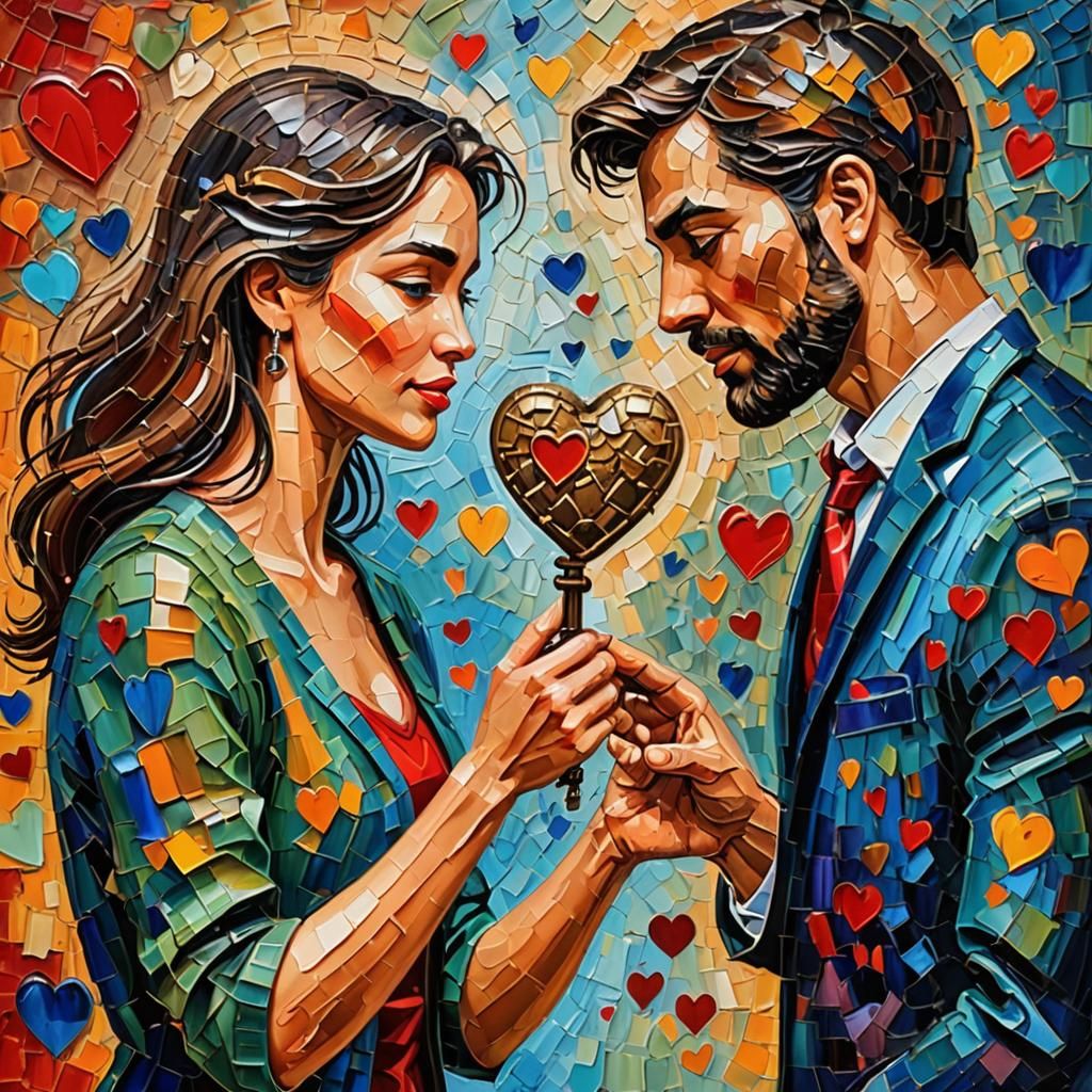 abstract image of lovely woman handing a bronze heart key to handsome man and says from this day forward I give you my ...