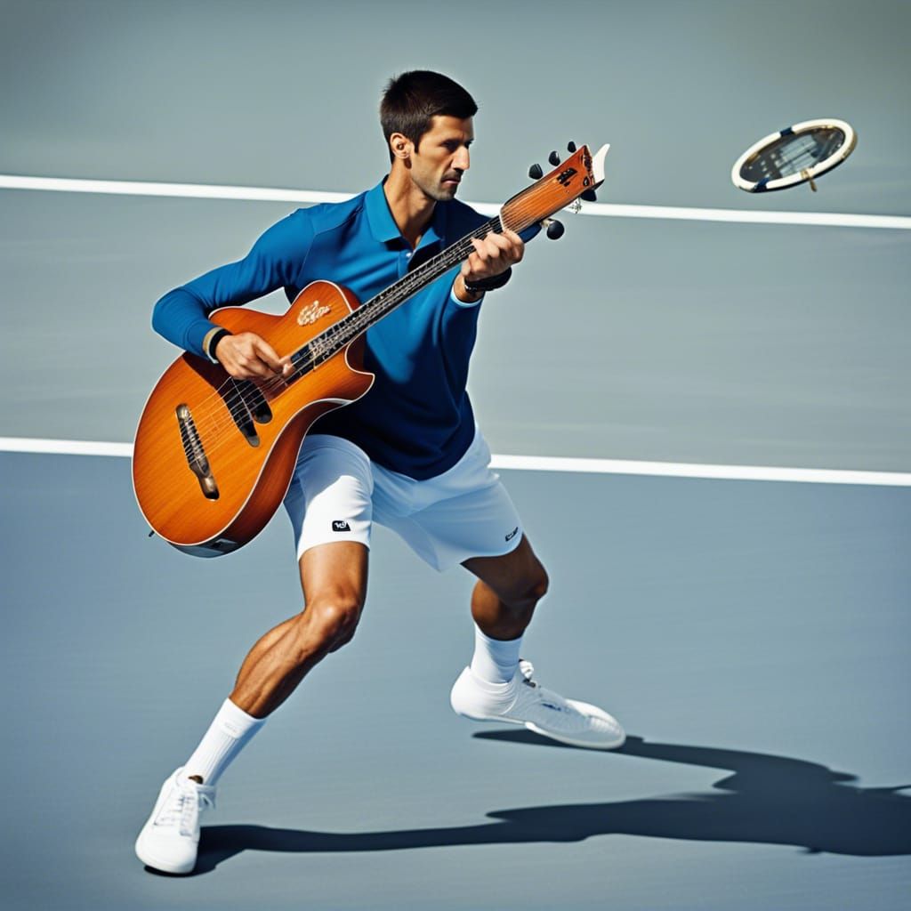 Novak Djokovic Plays Tennis with Bass Guitar