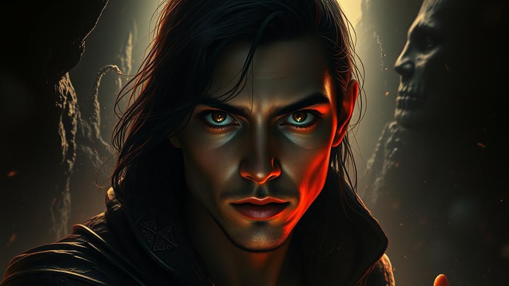 Dramatic Figure Emerges from Shadow, Art Nouveau Portrait