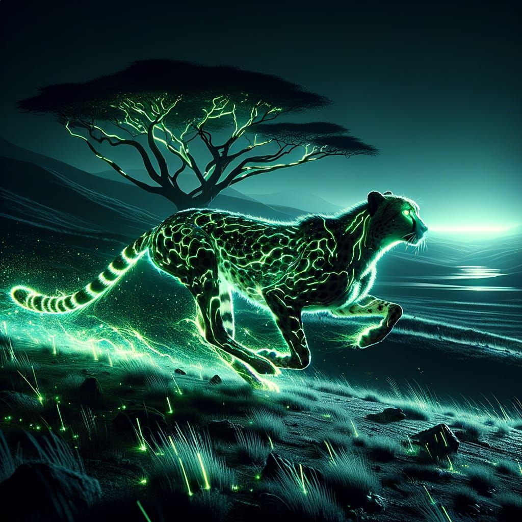 Glowing Cheetah Sprints Through Sci-Fi Savannah