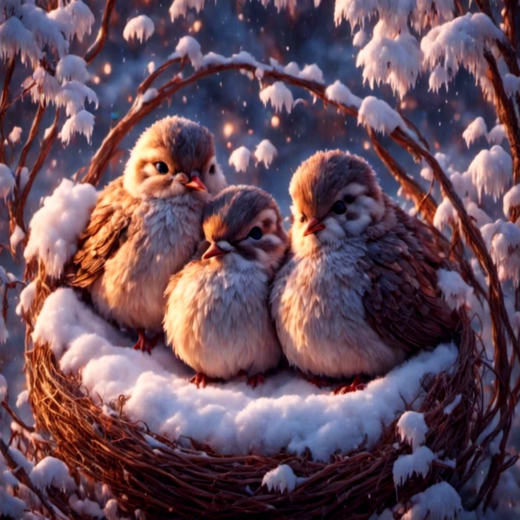 adorable morning doves sitting in a nest huddled in winter wonderland