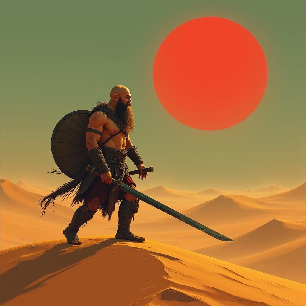 Half-Dwarf Gladiator Surveys Barren Alien Landscape